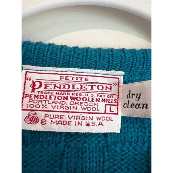 Vintage‎ Pendleton Petite Wool Cardigan Green Blue Cable Knit Button Up Large(P) - Picture 2 of 6